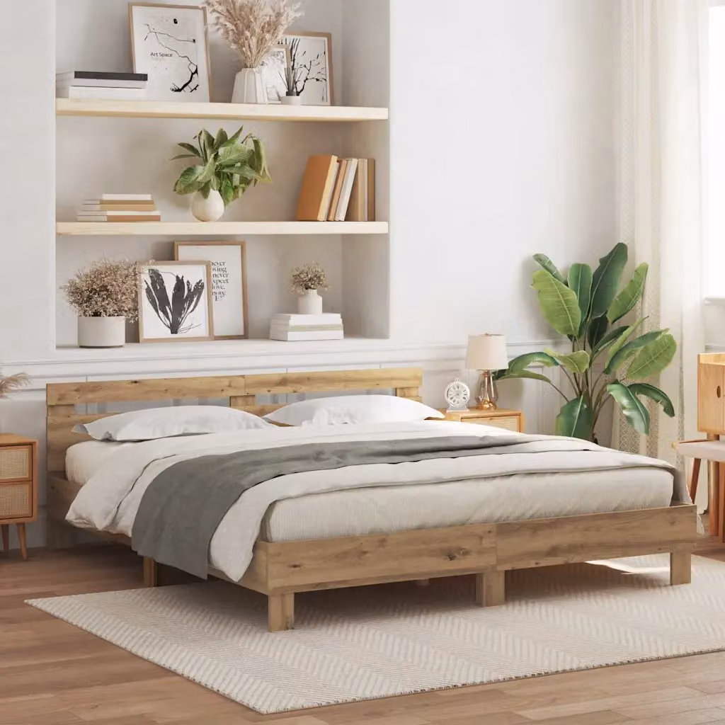 Struttura letto moderna vidaXL in legno color rovere con illuminazione sottostante e porta USB, L/P/H: 180 x 200 x 70 cm