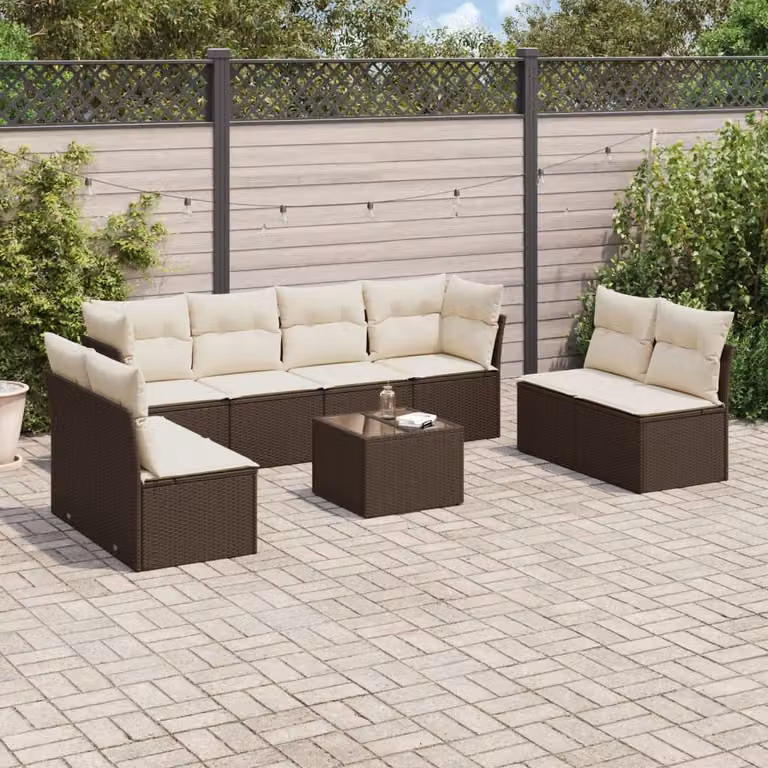 Set di divani da giardino vidaXL in polyrattan marrone con cuscini e tavolino da esterno a forma di L