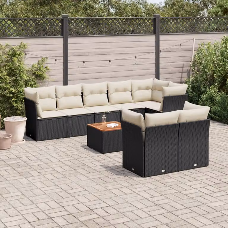 vidaXL Set Divani da Giardino 9 pz a Forma a L con Cuscini e Tavolino da Caffè Nero in Polyrattan e Acciaio