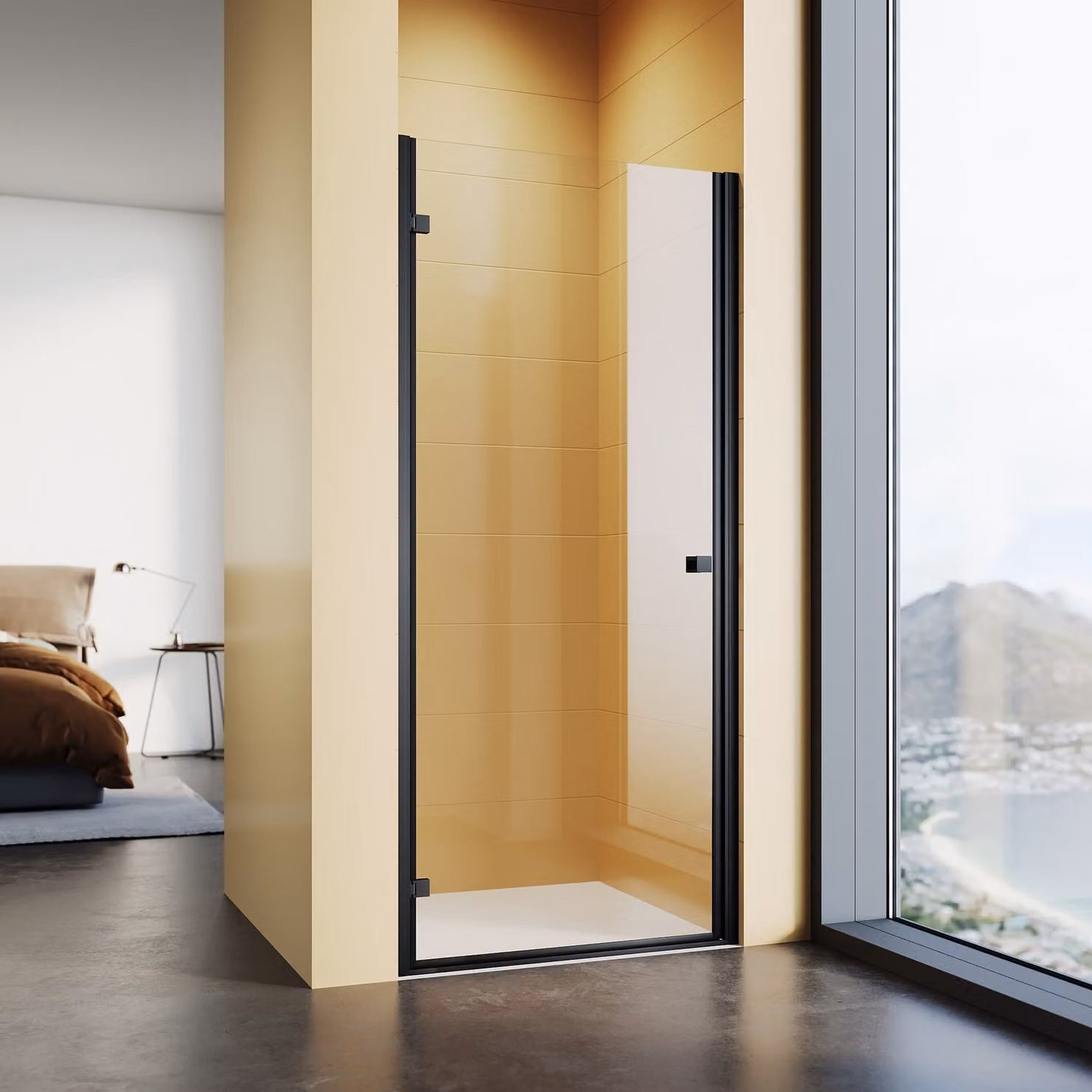 SONNI porta doccia a nicchia 90x195cm, porta doccia con cerniera, vetro di sicurezza 6mm, porta doccia a filo pavimento nero opaco box doccia porta a battente