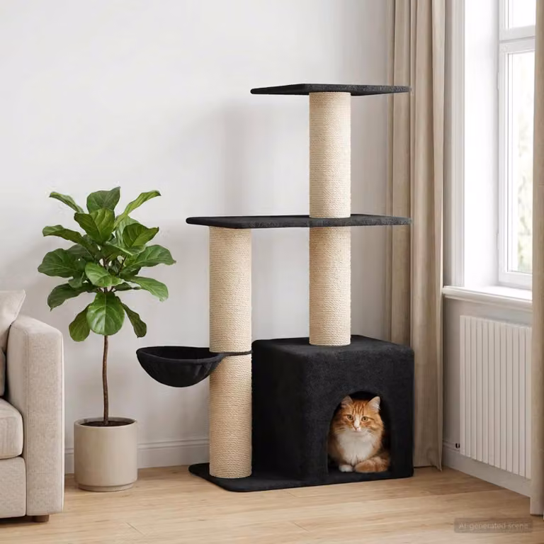 Albero per gatti vidaXL con pali in sisal, giocattoli integrati e cuccia, Grigio