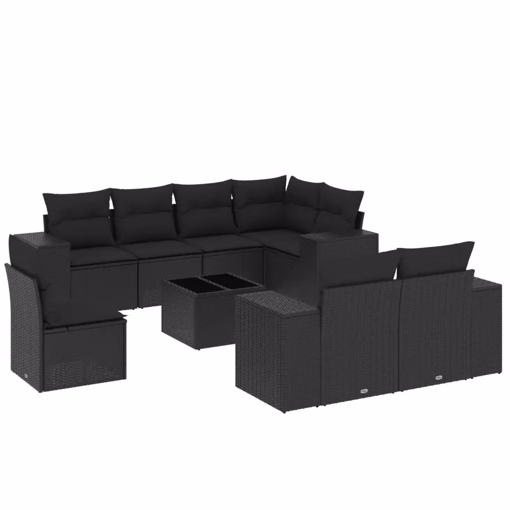 vidaXL Set Divani da Giardino a L 9 pz in Polyrattan Nero con Cuscini e Tavolino da Esterno – 2