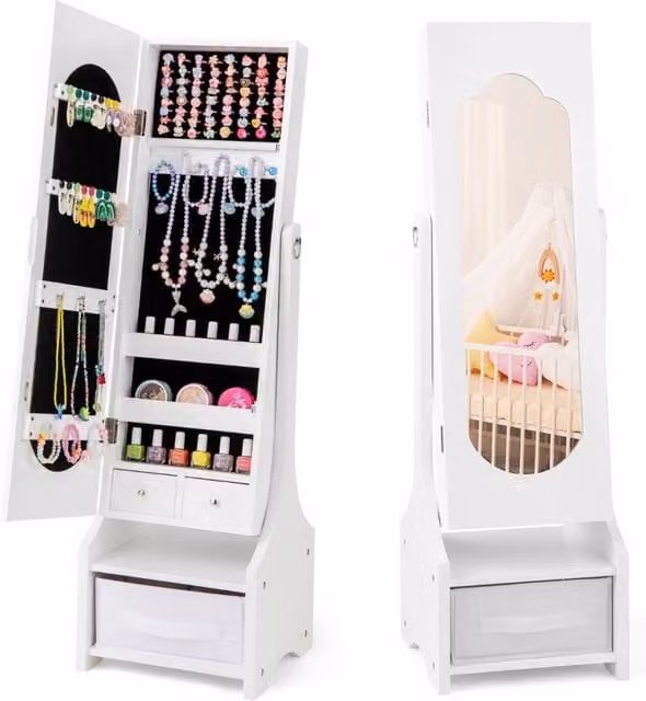 Armadio portagioie Design Mania per bambine con specchio, ripiani e cassetti, Bianco, H: 105 cm, L: 31,5 cm, P: 30 cm