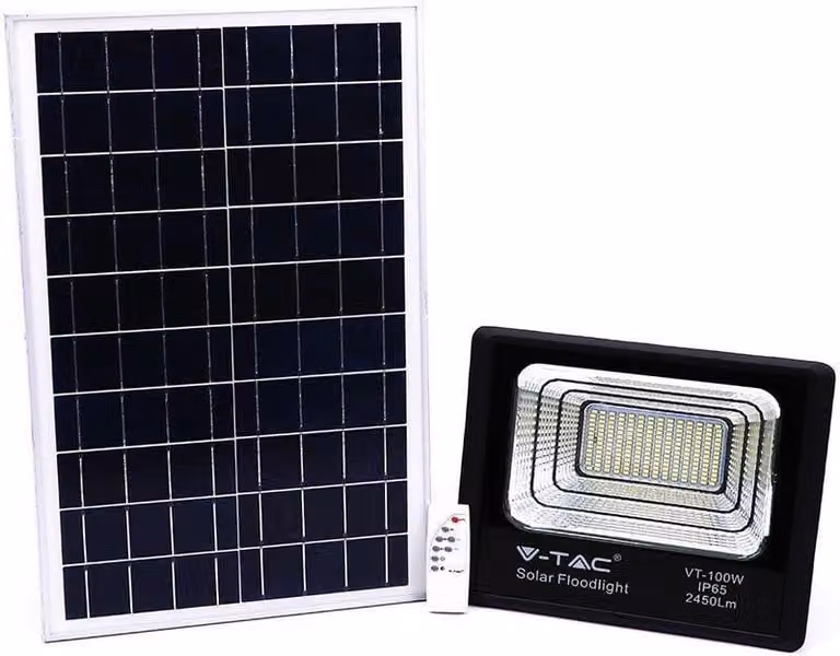 V-TAC VT-100W Faro led 100W autoalimentato nero con pannello solare e telecomando 4000K IP65 – sku 8576