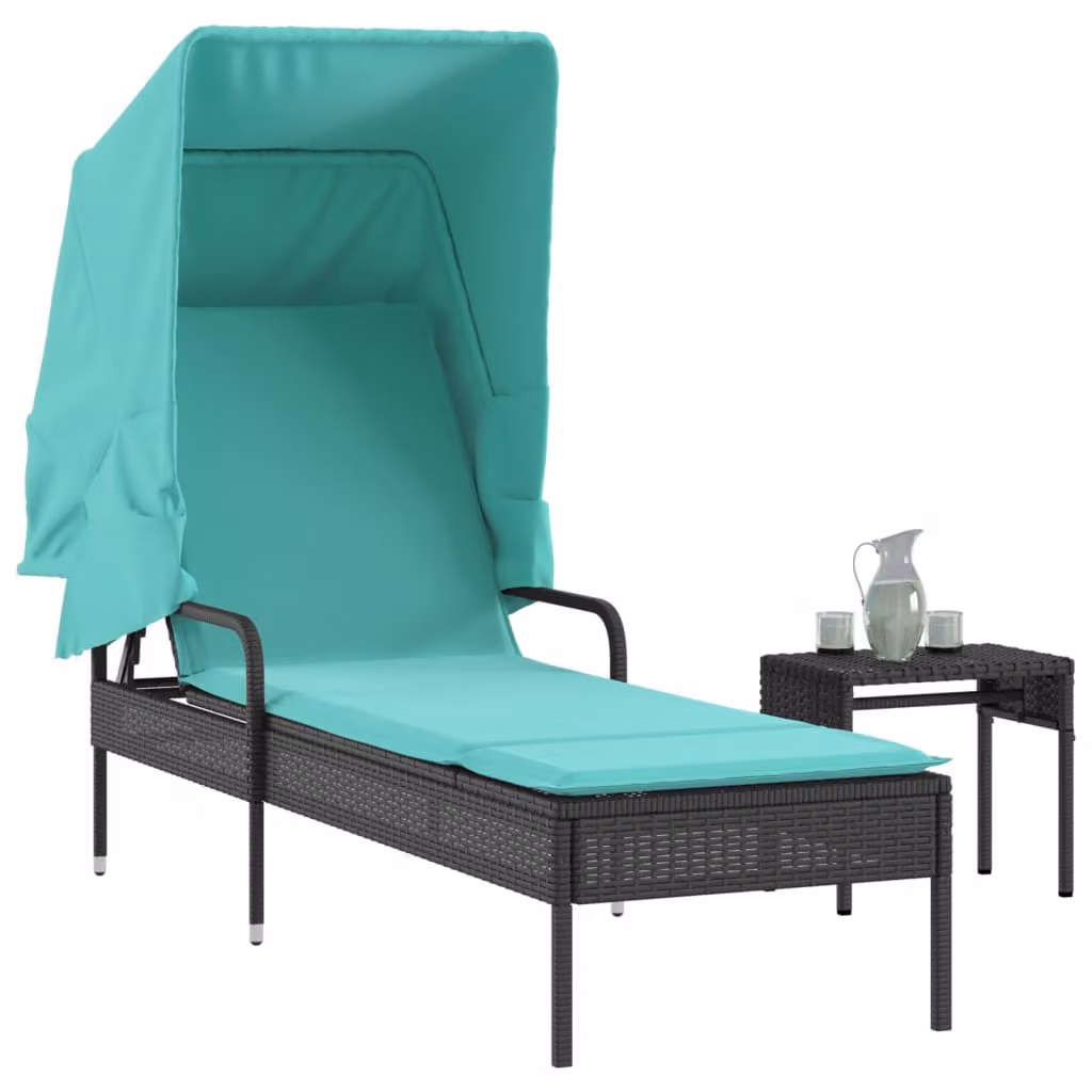 vidaXL Lettino prendisole con tettuccio e tavolino in polyrattan nero e turchese