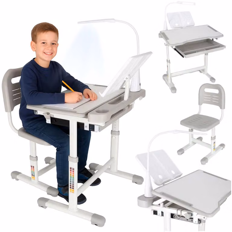 Scrivania per bambini, regolabile, con sedia, lampada LED USB, colore grigio