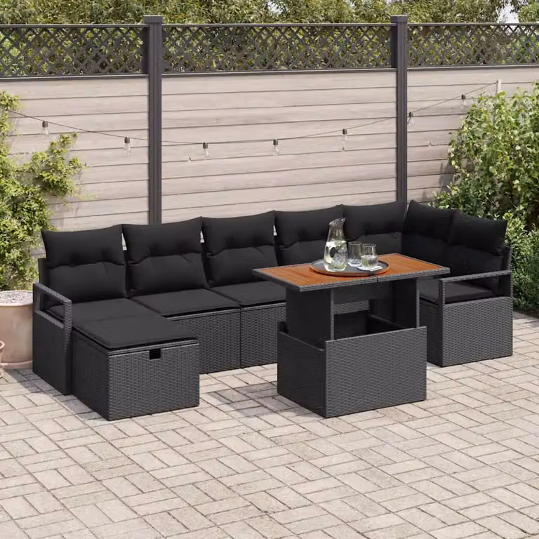 Set Divano da Giardino vidaXL a L 8 Pezzi in Polyrattan Nero con Cuscini e Tavolino