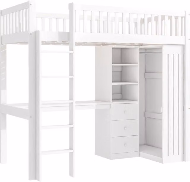Letto a soppalco bianco 90x200 cm con scrivania, armadio, 3 cassetti e scala senza materasso