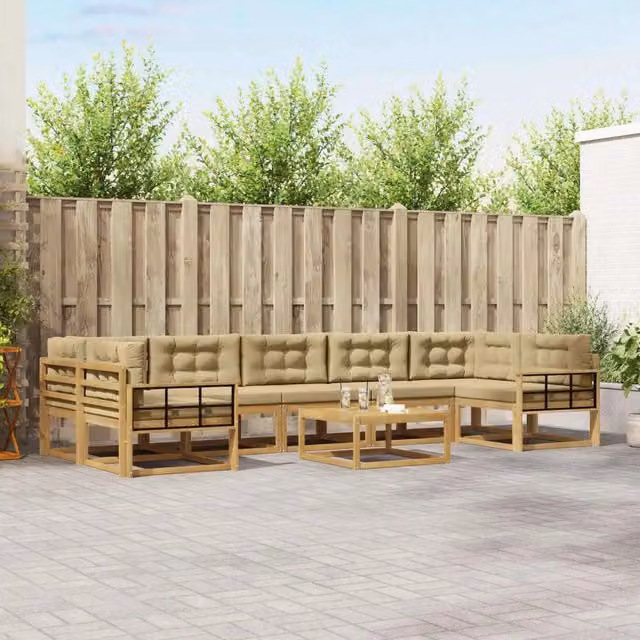 Set di divani da esterno a L con tavolino vidaXL in legno di acacia, 6 pezzi, Bianco e Beige