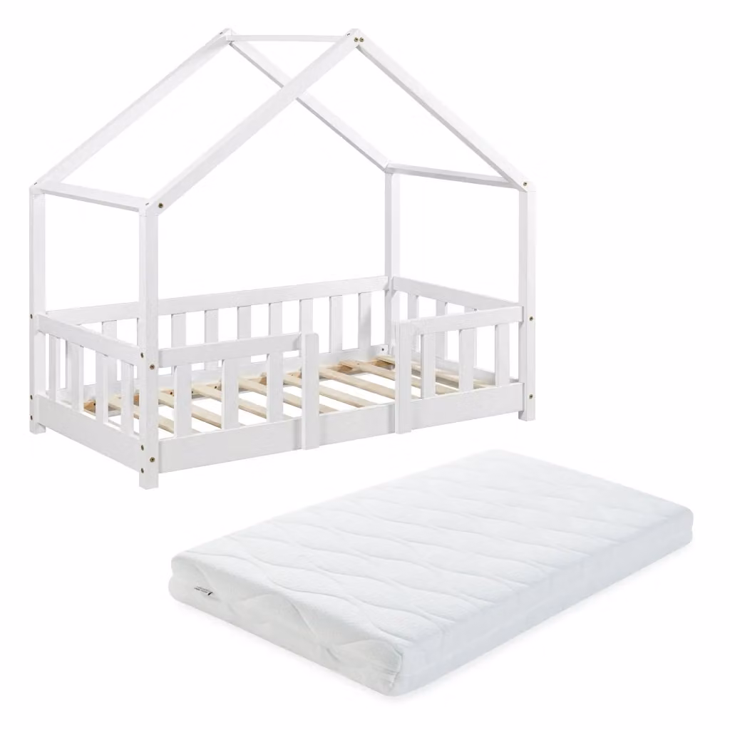 Letto per cameretta Treviolo a forma di casetta in stile Montessori con materasso en.casa, legno di pino laccato bianco, 70x140 cm – 2