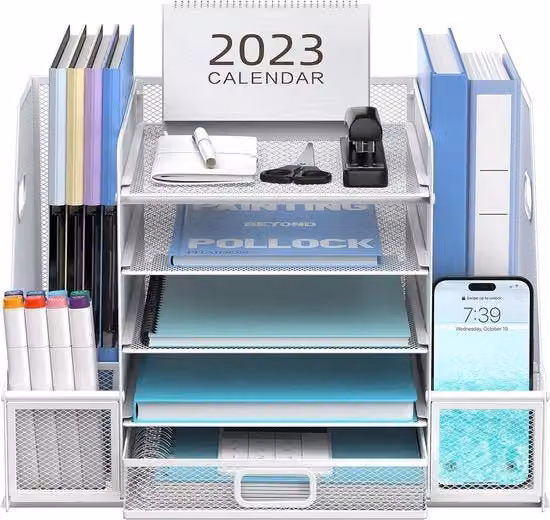 Organizzatore da scrivania a 5 livelli in metallo con contenitore per documenti e riviste, bianco