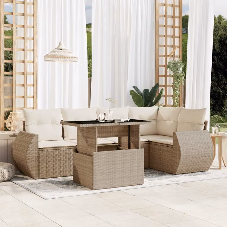 vidaXL Set Divano da Giardino a L 6 pz con Cuscini Beige e Tavolino in Metallo e Vetro