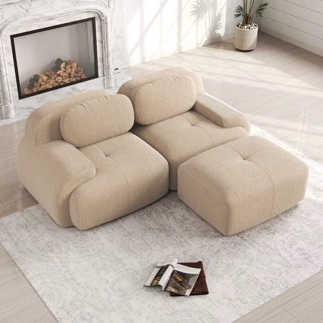 Divano angolare modulare senza montaggio in tessuto corduroy con braccioli curvi e schiuma ad alta densità beige