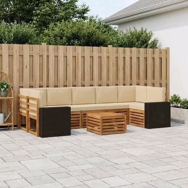 Set di divani da esterno moderno vidaXL in legno di acacia con tavolino e cuscini, colore beige e sabbia, 8 pezzi