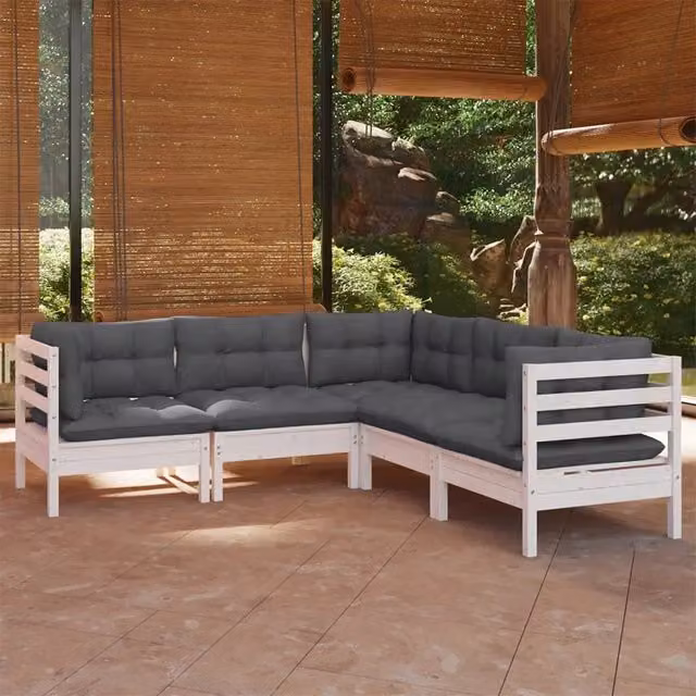 Set Divani da Giardino 5 pz con Cuscini Bianchi Legno di Pino 3096672