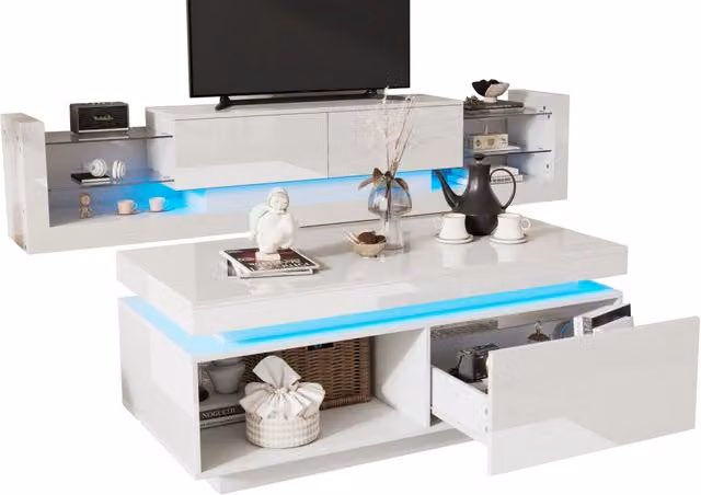 Set TV e soggiorno: mobile TV a parete lucido + tavolino da salotto, bianco