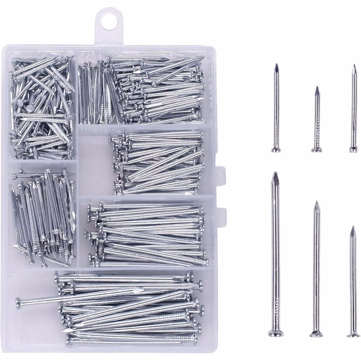 Set di chiodi in acciaio zincato, 386 pezzi, lunghezza massima di 5 cm (2 pollici), con scatola di stoccaggio, disponibile in 6 diverse dimensioni