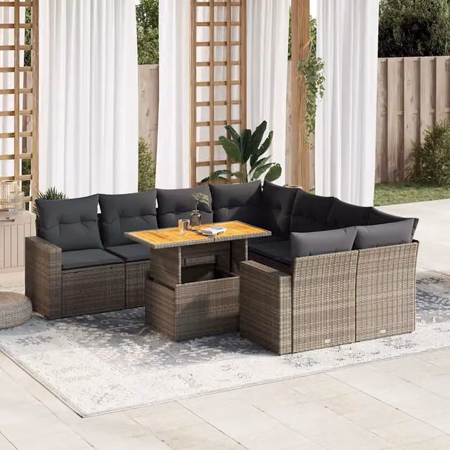 Set Divano da Giardino 9 pz con Cuscini Grigio in Polyrattan 3327021