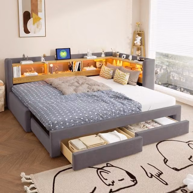Divano letto 3 in 1 90x200 cm; estraibile a 180x200 cm; contenitore; LED e presa UE; velluto grigio