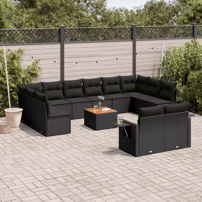 vidaXL Set Divani da Giardino 13pz in Polyrattan Nero con Cuscini e Tavolino da Esterno