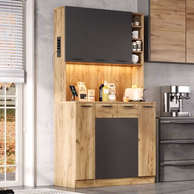 Mobile cucina alto moderno in legno e MDF con illuminazione integrata e ripiani interni, disponibile in nero o marrone, L: 100 cm, P: 40 cm, H: 180 cm