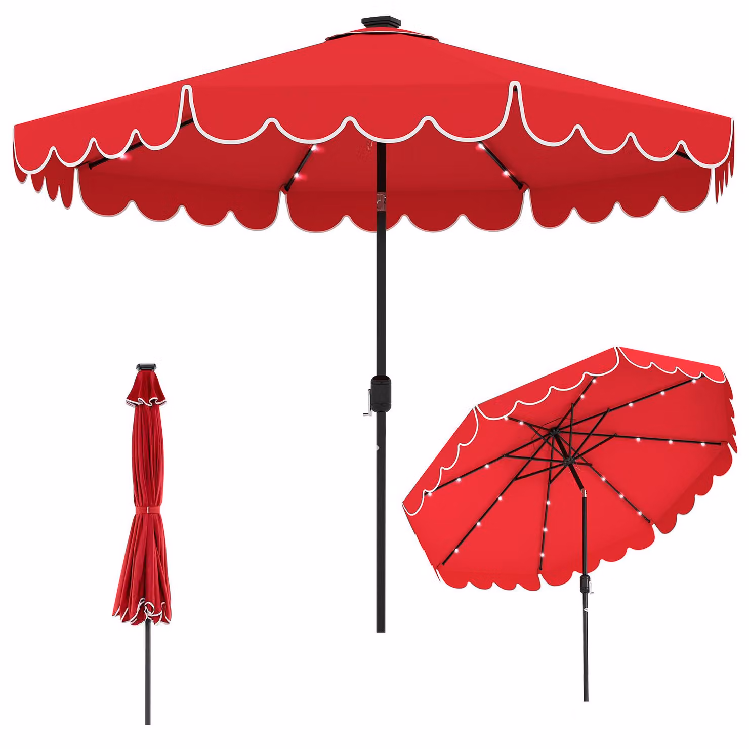 Ombrellone COSTWAY da 300 cm con illuminazione a LED, 8 stecche, manovella e balza, ombrellone da giardino inclinabile di 35° su entrambi i lati, ombrellone da terrazza, ombrellone da mercato, rosso