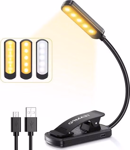 Mini torce a LED con 10 LED, 3 colori, classe di efficienza energetica A, ricaricabili tramite USB, di dimensioni ridotte, estremamente leggere, portatili, con clip, ideali come lampade da lettura, con luminosità regolabile