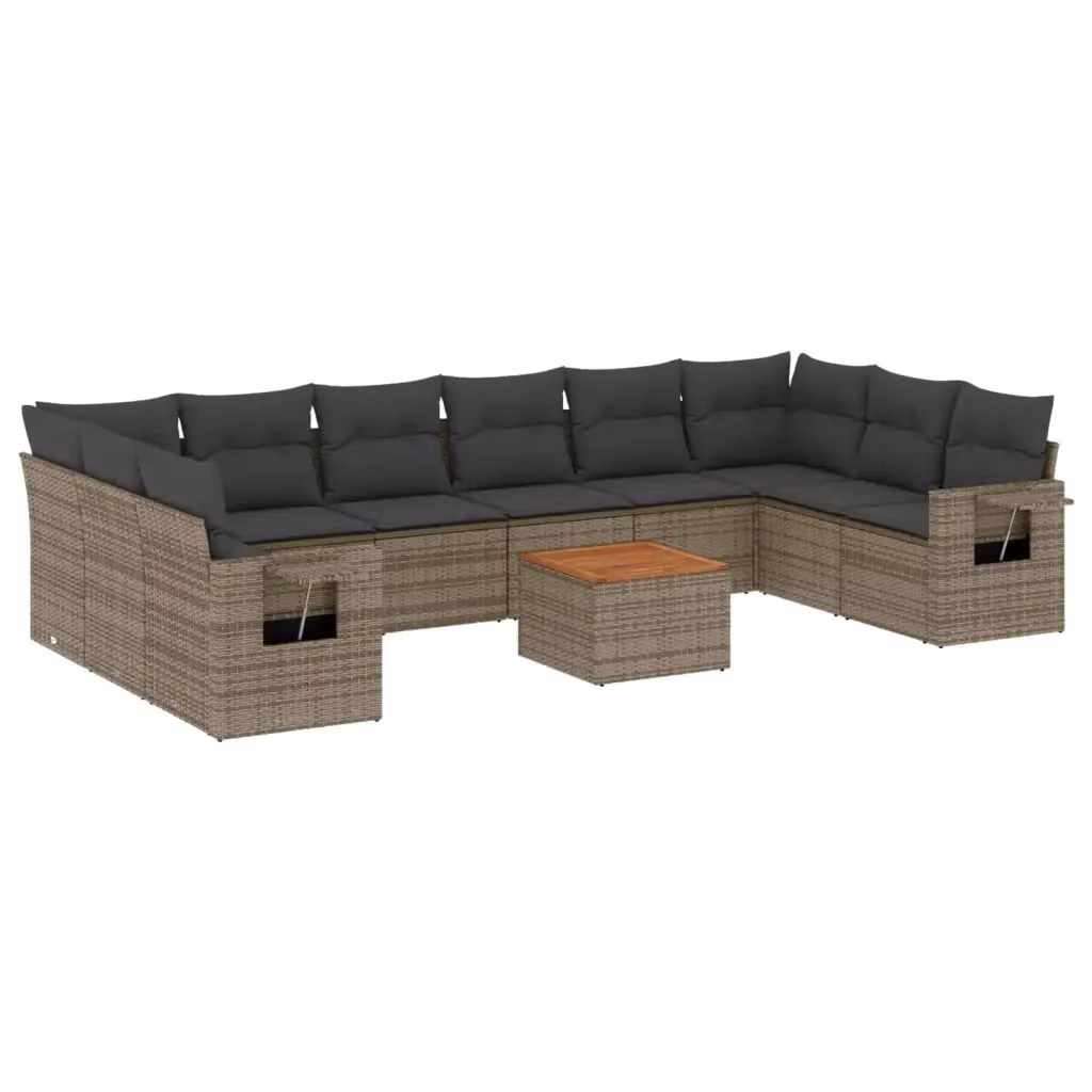 vidaXL Set Divani da Giardino 11 pz a Forma a L in Polyrattan Grigio con Cuscini e Tavolino da Esterno – 2