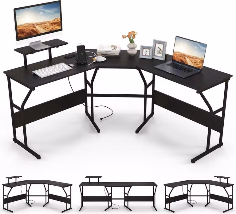Scrivania a L con presa di corrente e amp; Scrivania per computer angolare con supporto per monitor mobile nera