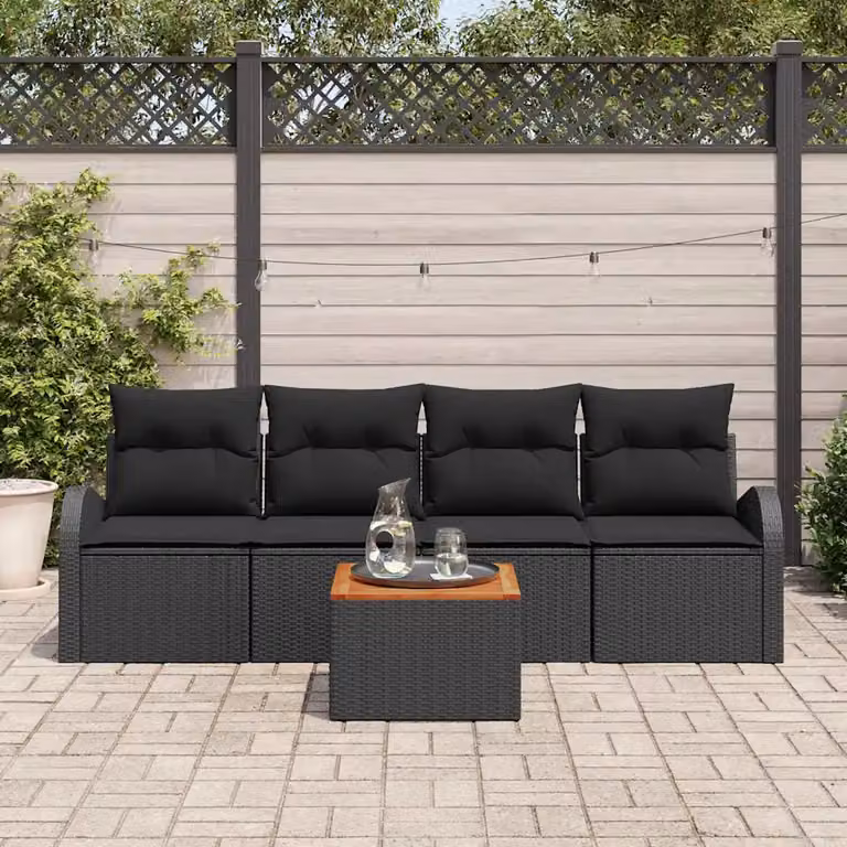 Set Divano da Giardino Moderno vidaXL 5 Pezzi Nero con Cuscini e Tavolino in Polyrattan e Acciaio