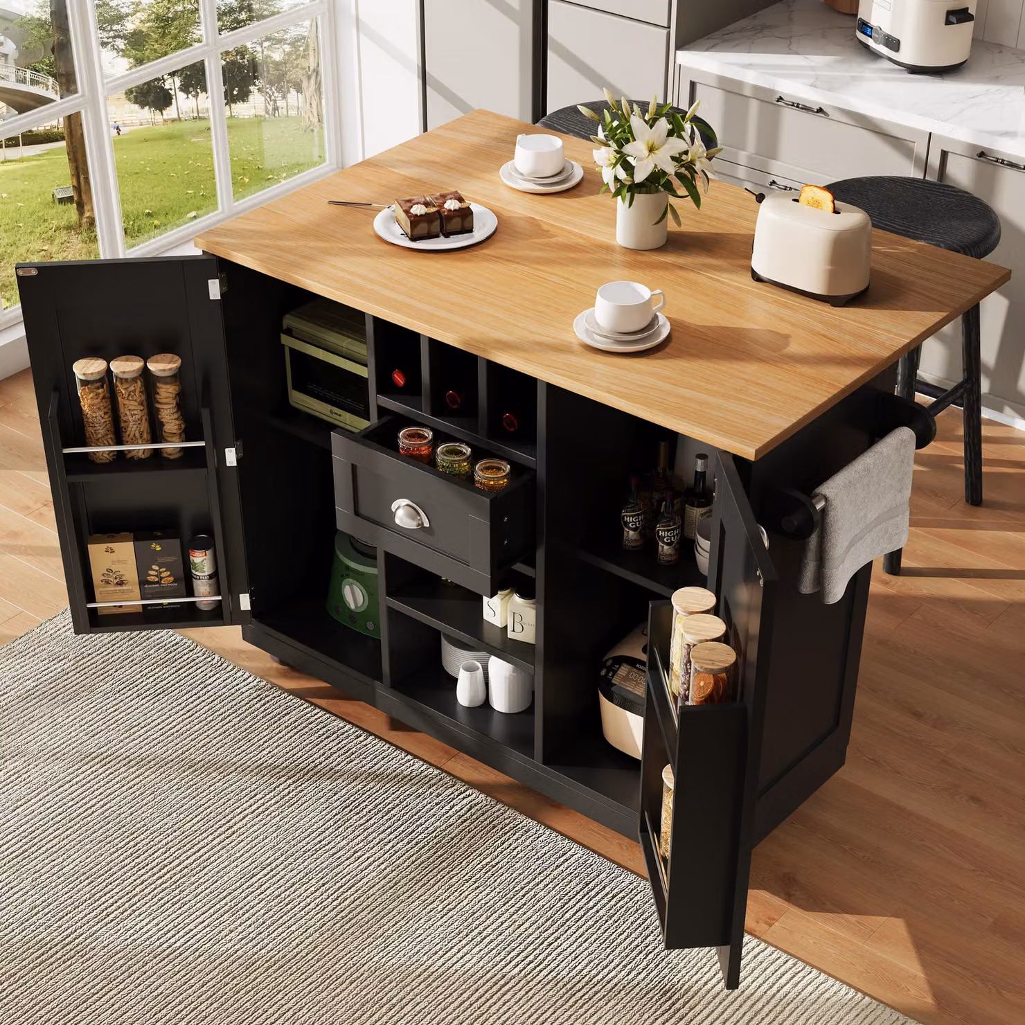 MODFU: Isola da cucina, carrello per alimenti, mobile da cucina con maniglia in metallo, pareti laterali pieghevoli e decorazioni in legno, 2 ruote bloccabili, con cantinetta per vini, colore nero