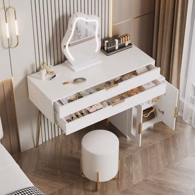 Toeletta Mivray Hollywood LED bianca con specchio a 3 modalità, 2 cassetti e piano e mobile laterale scorrevoli, L/P/H: 100 x 40 x 78 cm