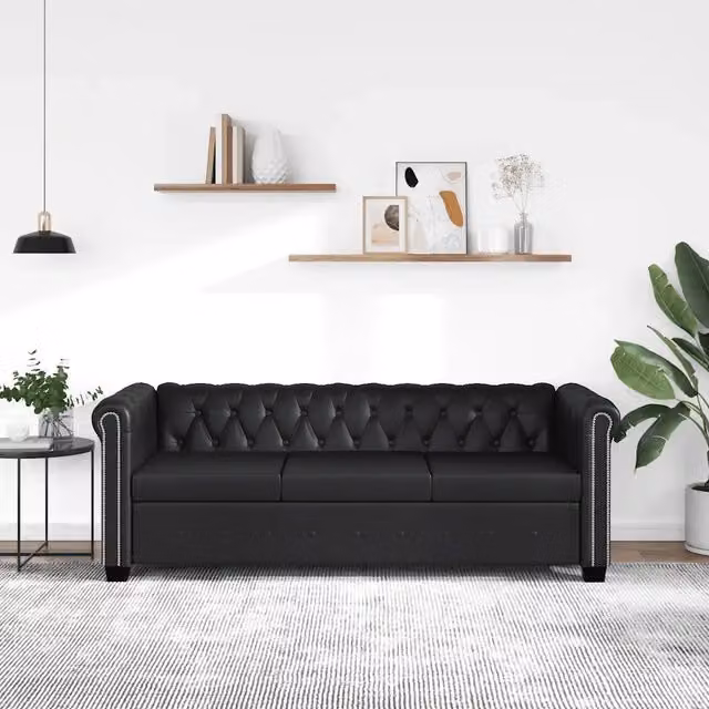 Divano Chesterfield a 3 Posti in Finta Pelle Nero 242370