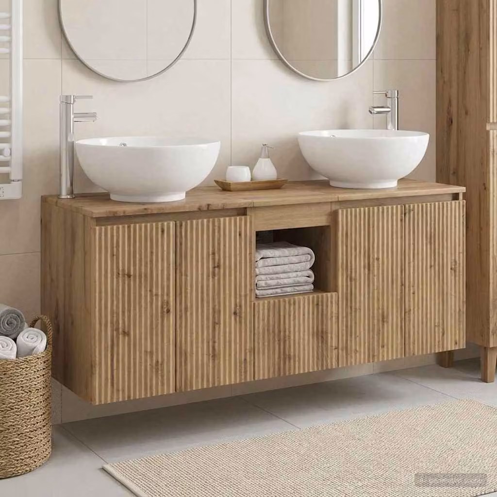 Set di mobili da bagno moderni vidaXL in legno e metallo marrone, composto da 3 pezzi con vanità, ante a cerniera e ripiani interni, a parete