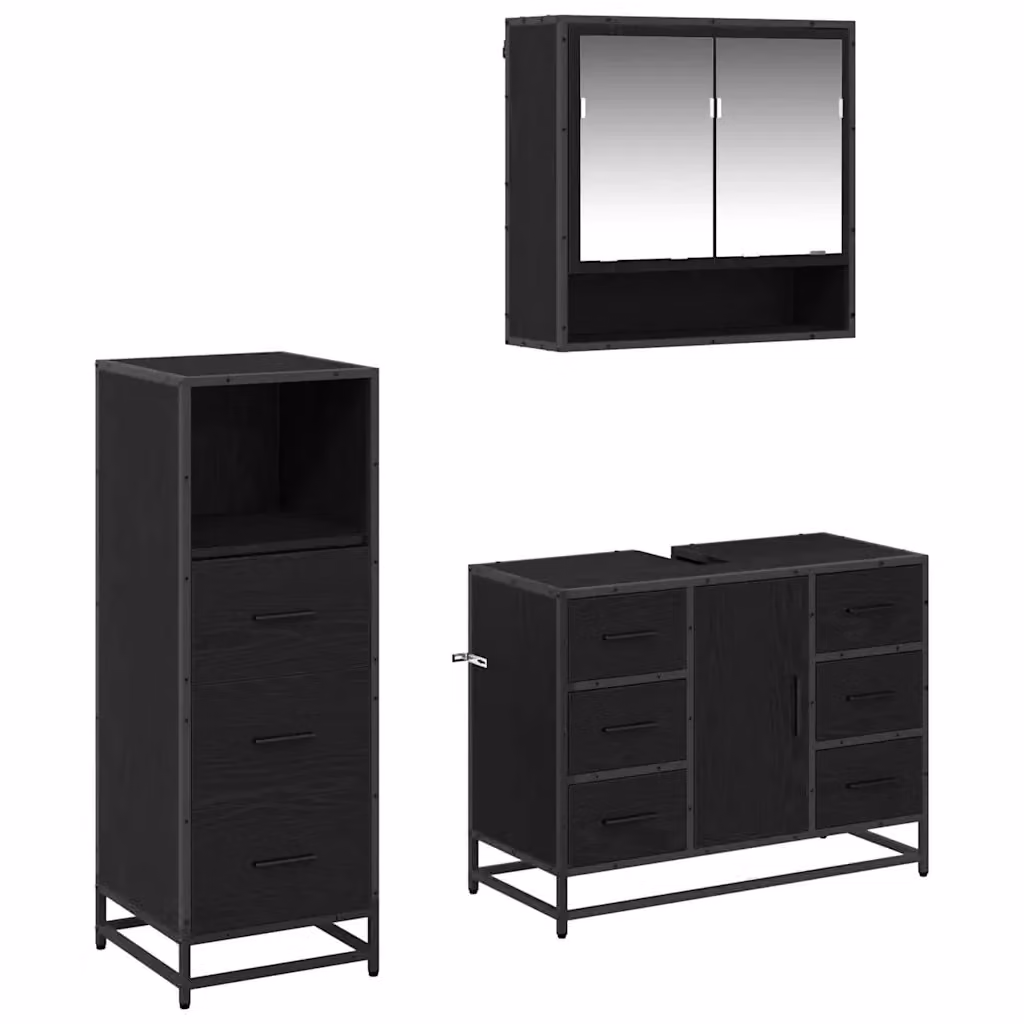 Set di mobili per il bagno vidaXL 3 pezzi in legno e metallo nero opaco L/P/H: 80 x 33 x 60 cm – 2