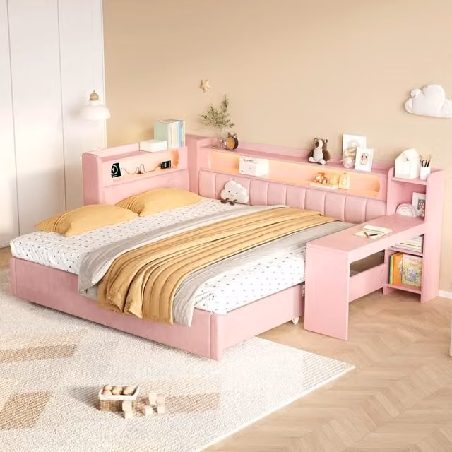 Letto imbottito rosa 90x200 con letto estraibile fino a 180x200; LED e scrivania