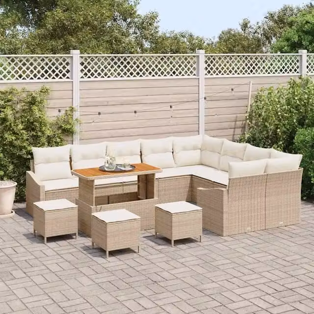 Set Divano da Giardino vidaXL a Forma a U con 13 Pezzi, Beige, con Cuscini e Tavolino, Struttura in Acciaio e Legno di Acacia