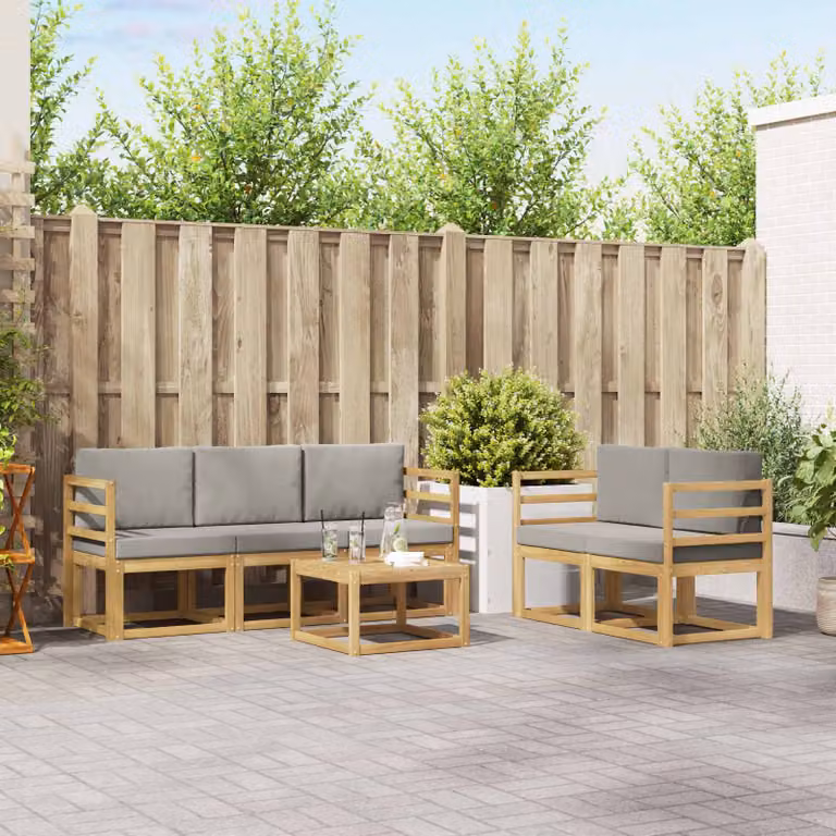 Set di divani da esterno vidaXL a forma di L composto da 6 pezzi con tavolino da caffè, in legno di acacia e tessuto bianco e grigio