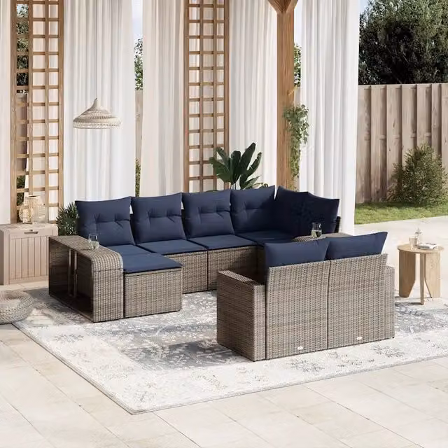 Set Divani da Giardino 10 pz con Cuscini Grigio in Polyrattan 3228901