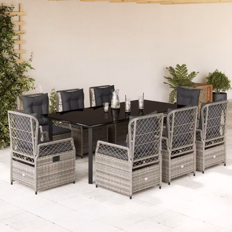 vidaXL Set da Pranzo da Giardino 9 pz in Polyrattan e Vetro Grigio e Nero