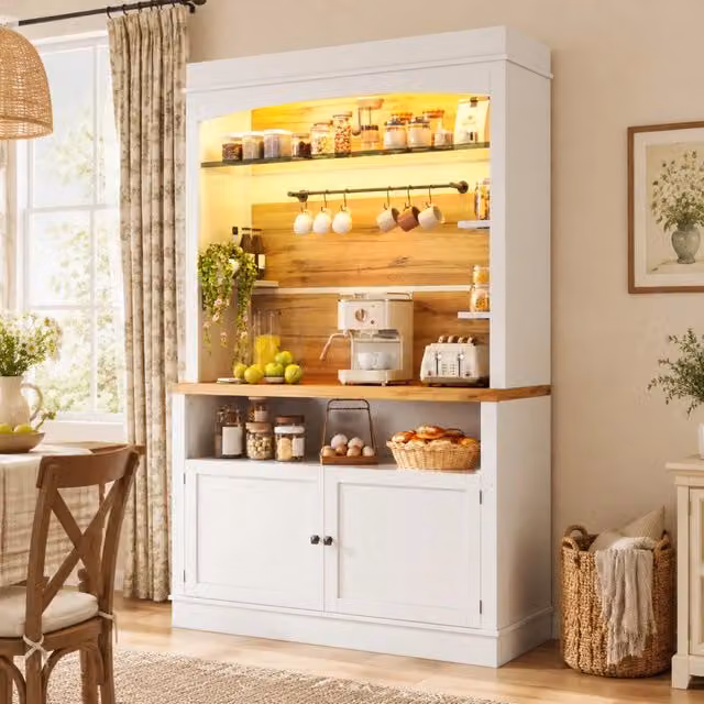 Set di 2 armadi alti con illuminazione LED, 184 cm, ripiano in vetro e barra con ganci, bianco