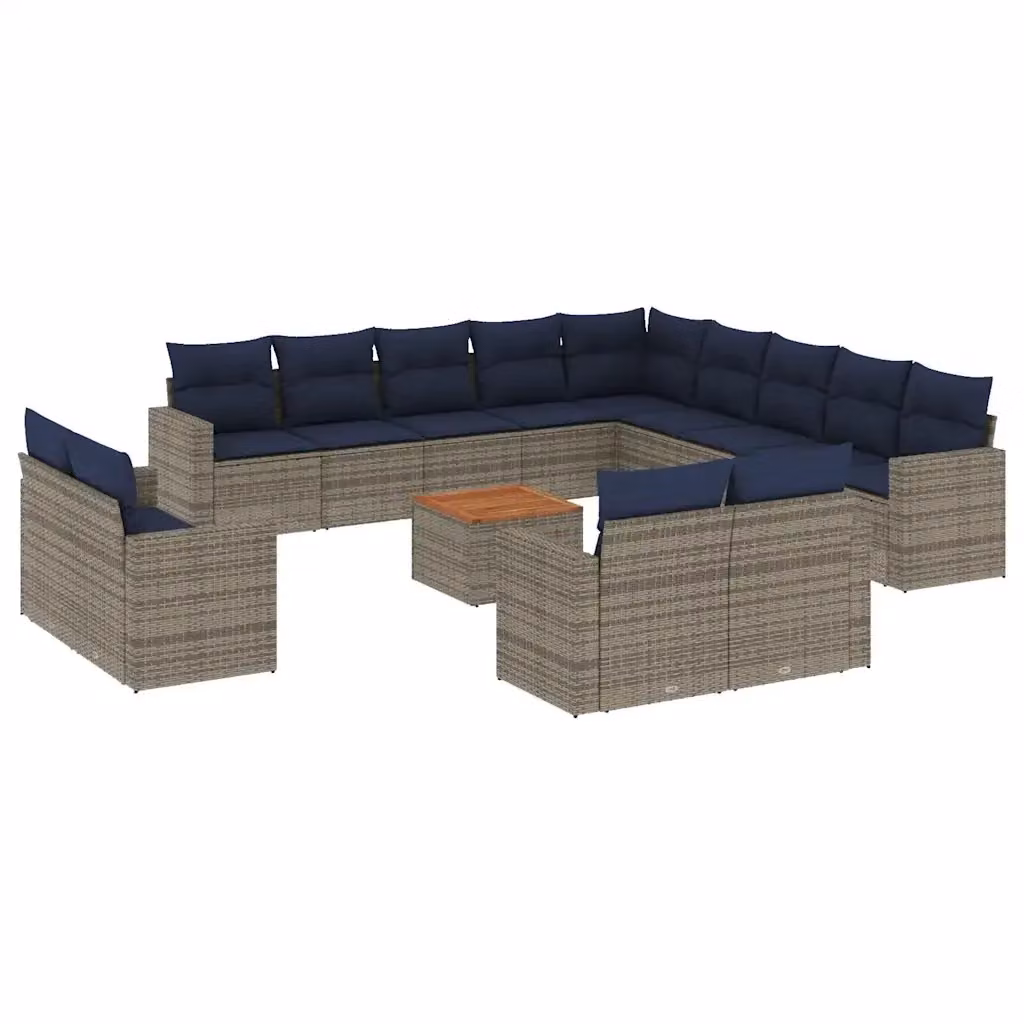 Set di Divani da Giardino vidaXL a Forma di U in Polyrattan Grigio e Blu con Cuscini e Tavolino da Esterno – 2