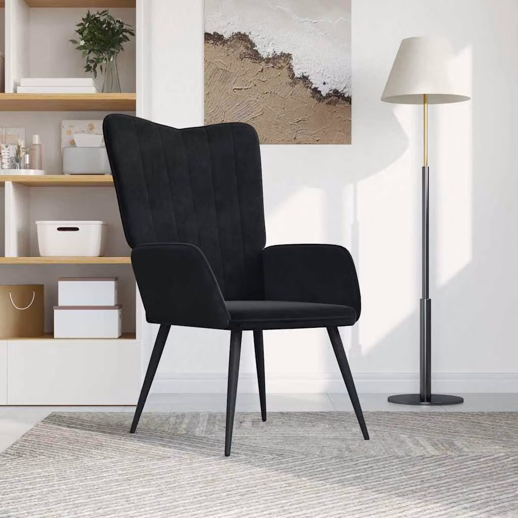 Sedia Relax vidaXL in Velluto Nero con Braccioli e Struttura in Metallo H 96,5 x L 70 x P 61 cm