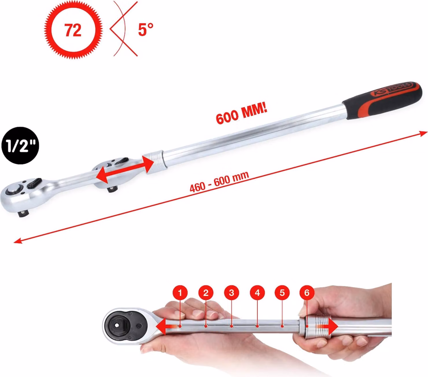 KS TOOLS Cricchetto telescopico reversibile da 1/2" extra lungo 72 denti - 914.1205