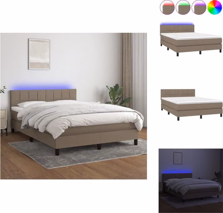 vidaXL Letto a molle con materasso e tessuto LED Taupe 140x200 cm - Letti & strutture letto