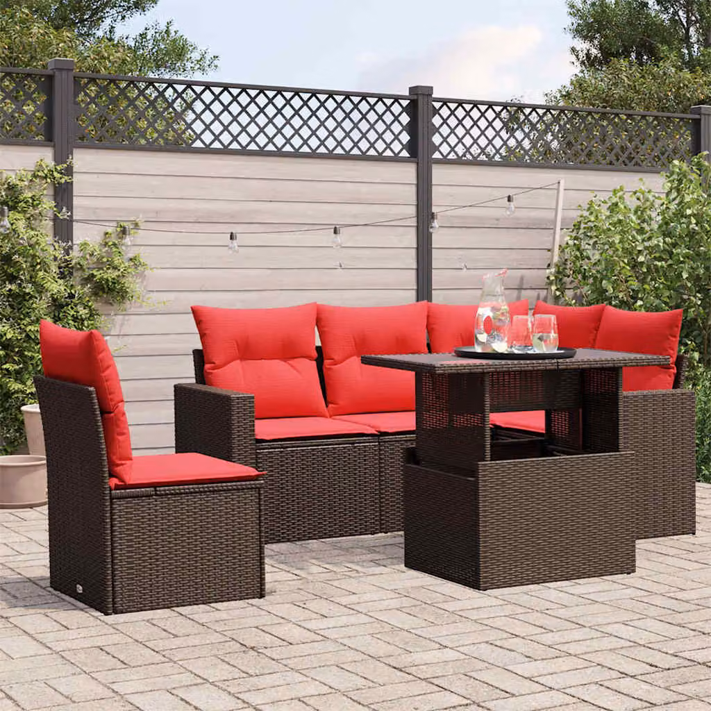 Set da giardino moderno vidaXL in polyrattan marrone composto da 6 pezzi con cuscini imbottiti e tavolino da caffè