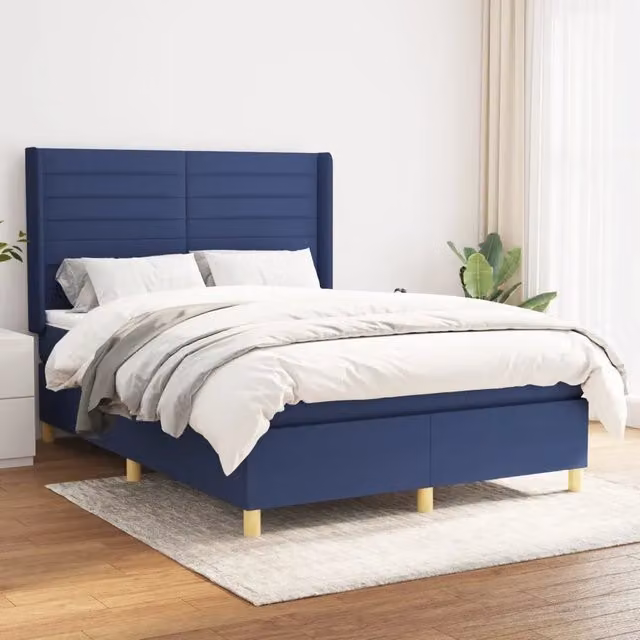 Letto Ibrido vidaXL con Giroletto a Molle e Materasso in Tessuto Blu e Bianco L/P/H: 140 x 200 x 128 cm