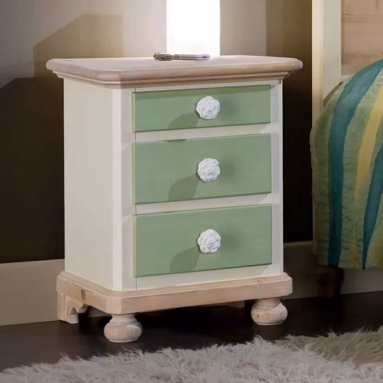 Comodino Arte Povera Mobili 2G con 3 cassetti in legno stile shabby verde e miele L: 50 cm, P: 38 cm, H: 65 cm