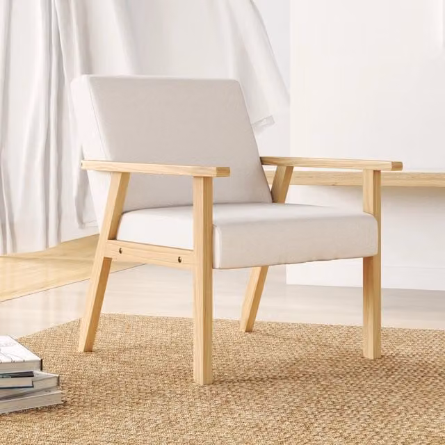 Poltrona Lounge Scandinava REDOM in Legno e Tessuto Beige L/P/H: 64 x 70 x 72 cm
