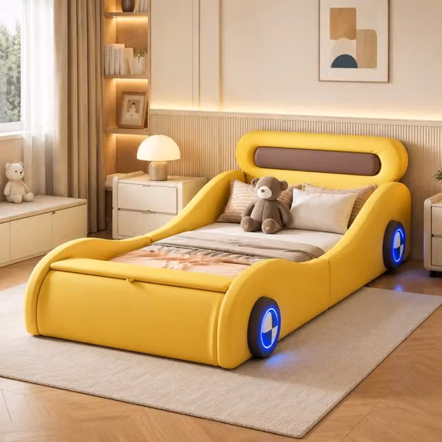 Letto singolo imbottito per bambini 90x200 cm a forma di auto con ruote luminose e vano portaoggetti, in PU, colore giallo, senza materasso